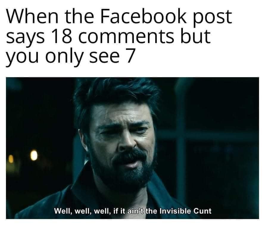 This meme is a humorous commentary on the lack of engagement on a Facebook post. It features a screenshot of a character from the TV show "The Boys" with a quote about the post receiving only 7 likes, implying that the post is "invisible" to the audience. The quote is "Well, well, well, if it ain't the Invisible Cunt" which is a humorous way of saying the post is not getting any attention.